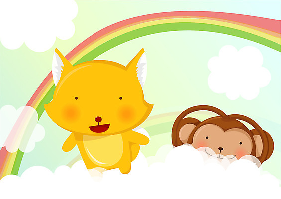 EPS 동물 구름 척추동물 캐릭터 육지동물 동물캐릭터 무지개 일러스트 포유류 사람없음 가로 원숭이 원숭이캐릭터 여우캐릭터 국내일러스트 일러캐릭터 자연요소 여우 파일형식 벡터