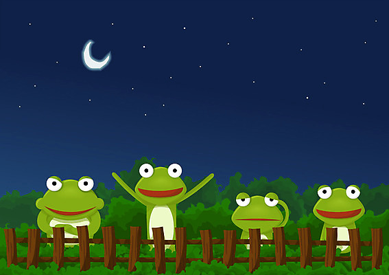 EPS 동물 척추동물 캐릭터 별 동물캐릭터 여러마리 일러스트 양서류 사람없음 가로 울타리 달 야간 숲 초승달 개구리캐릭터 국내일러스트 일러캐릭터 자연요소 다수 개구리 담장 파일형식 벡터