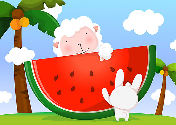 EPS 나무 식물 동물 구름 척추동물 캐릭터 육지동물 계절 동물캐릭터 과일 일러스트 포유류 하늘 수박 씨앗 사람없음 가로 여름 야자수 토끼 양 토끼캐릭터 양캐릭터 국내일러스트 일러캐릭터 자연요소 반려동물 파일형식 벡터