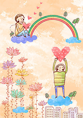 PSD 나무 식물 구름 여자 남자 꽃 행복 어린이 줄기 무지개 일러스트 희망프로젝트 사랑 사람 빌딩 소년 두명 건물 세로 친구 희망 하트 사회이슈 어린이만 국내일러스트 자연요소 모양 건축물 감정 컨셉 관계 파일형식