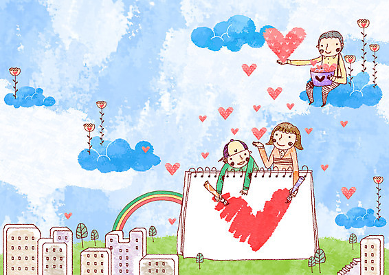 PSD 구름 여자 남자 행복 어린이 무지개 일러스트 희망프로젝트 사랑 사람 소녀 빌딩 소년 건물 가로 세명 필기구 펜 희망 하트 그리기 사회이슈 양동이 스케치북 그림 스프링노트 어린이만 국내일러스트 자연요소 모양 건축물 감정 컨셉 모션 문구용품 학용품 공책 파일형식