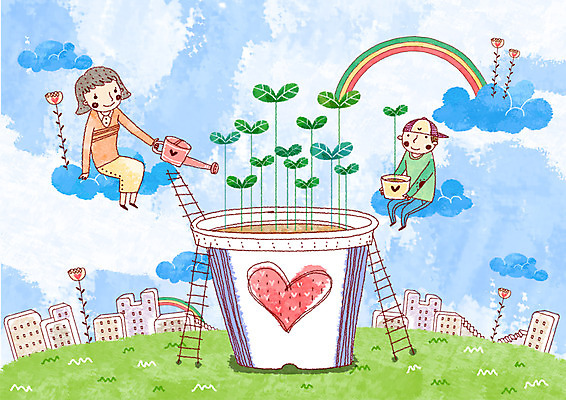 PSD 식물 구름 여자 남자 꽃 행복 화분 어린이 줄기 무지개 일러스트 사다리 엄마 희망프로젝트 사랑 사람 빌딩 소년 두명 건물 가로 새싹 희망 물뿌리개 하트 사회이슈 국내일러스트 자연요소 모양 건축물 감정 컨셉 가족 도구 파일형식