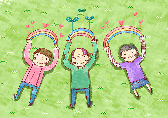 PSD 여자 남자 행복 어린이 무지개 일러스트 희망프로젝트 사랑 사람 소녀 소년 잔디 초원 가로 세명 친구 눕기 새싹 희망 하트 사회이슈 어린이만 국내일러스트 자연요소 모양 식물 감정 컨셉 관계 모션 파일형식