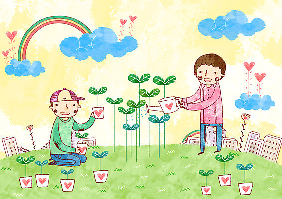PSD 식물 구름 남자 꽃 행복 화분 어린이 줄기 무지개 일러스트 희망프로젝트 사랑 사람 빌딩 소년 잔디 초원 두명 건물 가로 친구 새싹 희망 물뿌리개 사회이슈 물주기 남자만 어린이만 소년만 국내일러스트 자연요소 건축물 감정 컨셉 관계 모션 파일형식