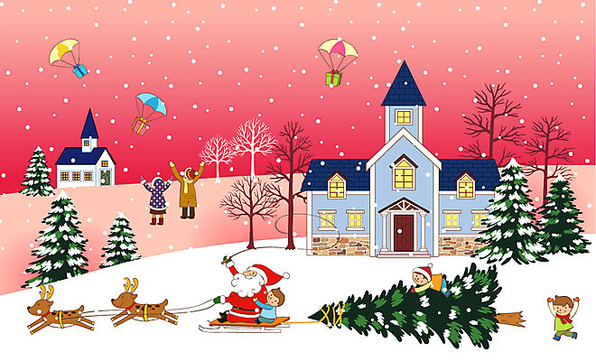 EPS 나무 식물 계절 여자 기념일 남자 어린이 백그라운드 크리스마스 겨울 일러스트 주택 선물 사람 소녀 소년 여러명 야외 건물 선물상자 산타클로스 교회 설원 루돌프 눈 즐거움 썰매 낙하산 채찍 어린이만 겨울배경 국내일러스트 자연요소 건축물 감정 다수 종교건축 날씨 사슴 눈_날씨 이벤트 상자 파일형식 벡터