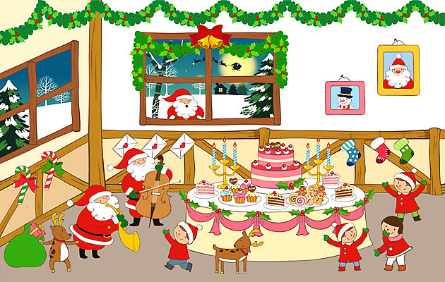 EPS 계절 여자 기념일 남자 실루엣 어린이 백그라운드 크리스마스 겨울 일러스트 실내 사람 소녀 소년 여러명 산타클로스 파티 케이크 루돌프 달 어린이만 겨울배경 국내일러스트 자연요소 다수 사슴 디저트 촬영기법 이벤트 내부 파일형식 벡터