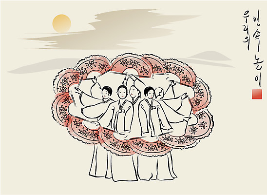 EPS 한국문화 한국전통 여자 백그라운드 일러스트 놀이 한국 사람 여러명 야외 가로 전통놀이 공연 부채 전통의상 한복 전통공연 동양화 전통무용 부채춤 여자만 국내일러스트 동양문화 전통 아시아 다수 미술 이벤트 춤 파일형식 벡터