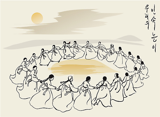 EPS 한국문화 한국전통 여자 명절 백그라운드 일러스트 놀이 한국 사람 여러명 야외 가로 추석 전통놀이 보름달 달 전통의상 한복 동양화 댕기머리 강강술래 단체무용 여자만 국내일러스트 자연요소 동양문화 전통 헤어스타일 기념일 아시아 다수 미술 춤 파일형식 벡터