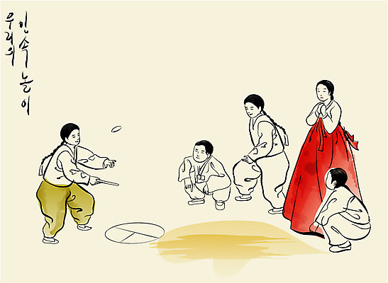 EPS 한국문화 한국전통 여자 남자 어린이 백그라운드 일러스트 놀이 사람 소녀 소년 여러명 야외 가로 전통놀이 전통의상 한복 동양화 댕기머리 공터 자치기 어린이만 국내일러스트 동양문화 전통 헤어스타일 다수 한국 미술 파일형식 벡터