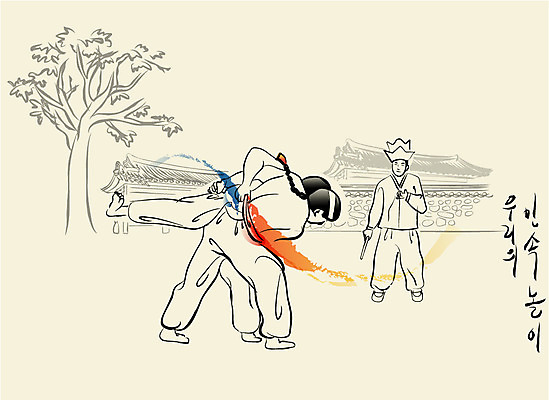 EPS 나무 식물 한국문화 한국전통 남자 어린이 백그라운드 일러스트 놀이 주택 기와집 사람 소년 야외 건물 가로 세명 담장 전통놀이 경쟁 심판 전통의상 한복 동양화 댕기머리 씨름 샅바 들배지기 남자만 어린이만 소년만 기와담장 국내일러스트 갓모자 모자_잡화 동양문화 전통 헤어스타일 건축물 스포츠용품 스포츠 컨셉 한옥 전통소품 한국 기와 미술 파일형식 벡터