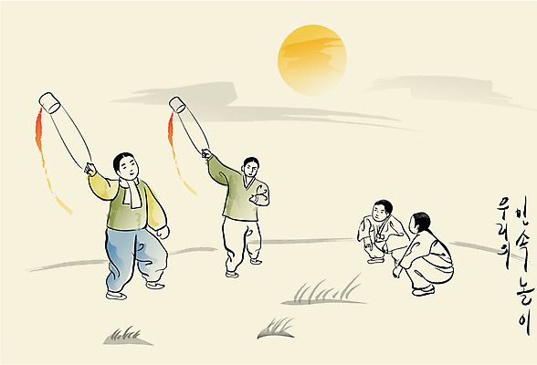 EPS 한국문화 한국전통 전통 남자 어린이 백그라운드 일러스트 놀이 사람 소년 여러명 야외 가로 전통놀이 보름달 달 전통의상 한복 동양화 정월대보름 쥐불놀이 남자만 어린이만 소년만 국내일러스트 자연요소 동양문화 명절 다수 한국 미술 파일형식 벡터