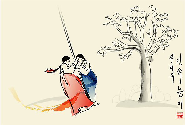 EPS 나무 식물 한국문화 한국전통 여자 백그라운드 일러스트 놀이 사람 야외 두명 가로 전통놀이 전통의상 한복 동양화 그네 그네타기 그네뛰기 단오 여자만 국내일러스트 동양문화 전통 명절 한국 미술 파일형식 벡터