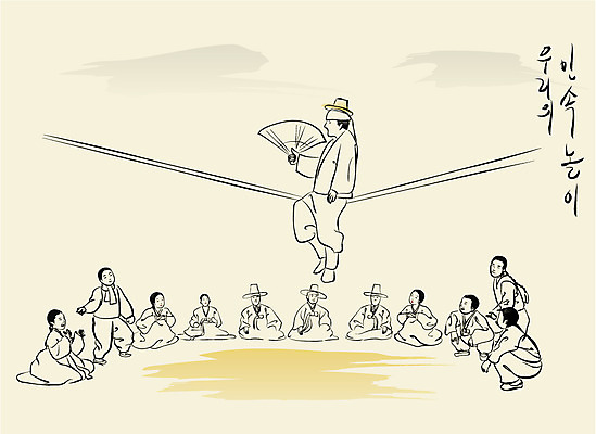 EPS 한국문화 한국전통 여자 남자 어린이 줄 백그라운드 일러스트 청소년 놀이 사람 소녀 소년 여러명 야외 가로 전통놀이 부채 군중 묘기 전통의상 한복 동양화 줄타기 선비 십대만 국내일러스트 갓모자 모자_잡화 동양문화 전통 다수 전통소품 한국 미술 파일형식 벡터