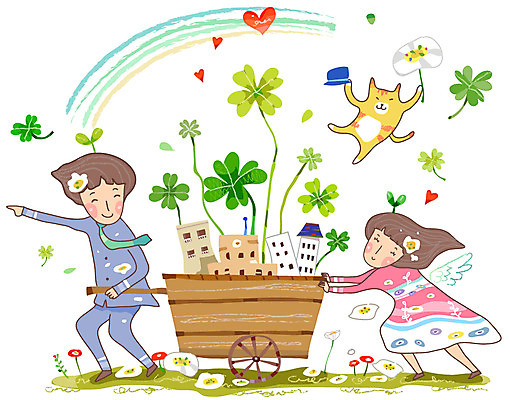 EPS 식물 동물 모자 여자 남자 꽃잎 꽃 줄기 무지개 날개 일러스트 협력 천사 주택 희망프로젝트 사랑 사람 소년 두명 건물 가로 새싹 고양이 희망 수레 하트 도움 행운 메시지 네잎클로버 밀기 사회이슈 국내일러스트 자연요소 모양 건축물 잡화 감정 어린이 컨셉 포유류 모션 반려동물 카트 클로버 파일형식 벡터