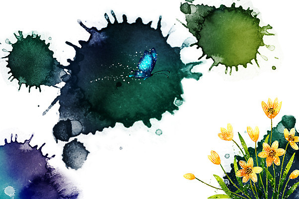 PSD 식물 문양 계절 꽃 컬러 여러송이 나비 곤충 캘리배경 백그라운드 일러스트 캘리그라피 붓터치 사람없음 가로 노란색 봄 공백 번짐 수선화 봄배경 국내일러스트 동물 다수 파일형식 효과