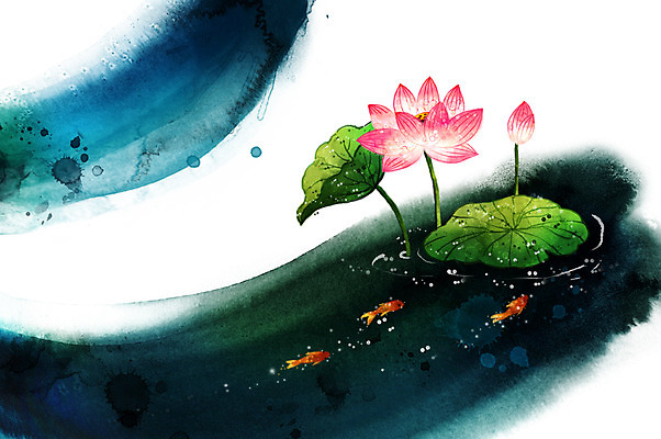 PSD 식물 문양 꽃 캘리배경 백그라운드 일러스트 캘리그라피 붓터치 연꽃 어류 사람없음 가로 공백 연못 두송이 연잎 번짐 국내일러스트 잎 2 수중동물 파일형식 효과