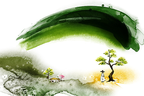 PSD 나무 남자 캘리배경 백그라운드 고건축 일러스트 캘리그라피 붓터치 산 한국 초가집 사람 풍경 소나무 전통의상 번짐 선비 남자만 국내일러스트 갓모자 식물 모자_잡화 전통 건축물 아시아 한옥 전통소품 파일형식 효과