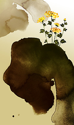 PSD 식물 문양 꽃 컬러 캘리배경 백그라운드 일러스트 캘리그라피 붓터치 국화 풍경 사람없음 세로 노란색 공백 돌_바위 바위 번짐 국내일러스트 파일형식 효과