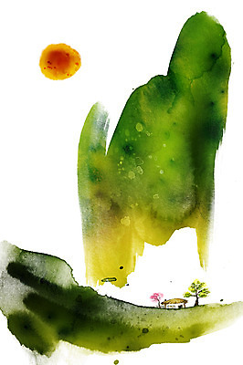 PSD 나무 식물 문양 컬러 캘리배경 백그라운드 고건축 일러스트 캘리그라피 붓터치 산 주택 한국 초가집 풍경 사람없음 건물 세로 초록색 태양 공백 번짐 국내일러스트 자연요소 건축물 아시아 한옥 파일형식 효과