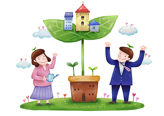 PSD 구름 부부 커플 여자 남자 화분 일러스트 새출발 주택 사람 두명 건물 가로 새싹 희망 물뿌리개 하트 직장인 재산 물주기 시작 가꾸기 국내일러스트 자연요소 모양 식물 직업 건축물 감정 관계 모션 새로움 금융 출발 파일형식