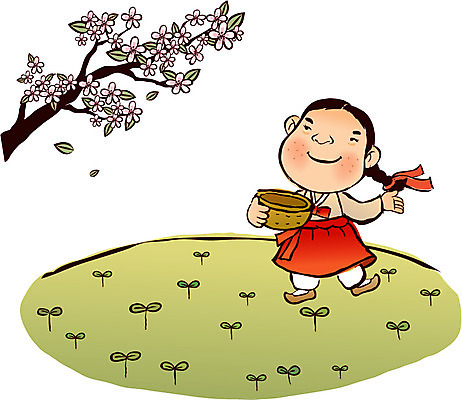 EPS 나무 식물 계절 여자 꽃 일러스트 청소년 한명 사람 초원 야외 10대 바구니 새싹 봄 벚꽃 벚나무 전통의상 한복 절기 나물 댕기머리 짚신 봄나물 입춘 여자만 여자한명만 십대만 십대여자만 십대여자한명만 국내일러스트 1 한국전통 전통 헤어스타일 신발 채소 전통소품 파일형식 벡터