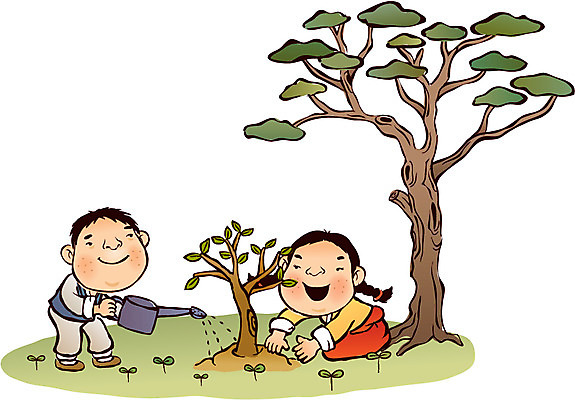 EPS 나무 식물 여자 남자 일러스트 사람 야외 두명 새싹 물뿌리개 소나무 전통의상 한복 절기 댕기머리 짚신 나무심기 청명 국내일러스트 한국전통 전통 헤어스타일 계절 신발 전통소품 심기 파일형식 벡터