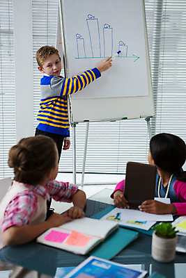 포토 JPG 해외이미지 응시 여자 남자 어린이라이프 어린이 비즈니스 회의 소년 상반신 세명 사무실 가리킴 비즈니스맨 비즈니스우먼 화이트보드 직업체험 경영 역할놀이 어린이만 해외202008 해외포토 라이프스타일 시선 놀이 사람 손짓 직장인 체험학습 파일형식