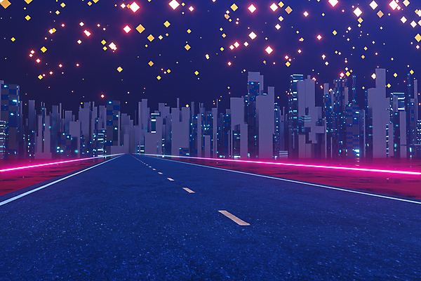 EPS 해외이미지 실루엣 도로 일러스트 사람없음 건물 파란색 빛 반짝임 보라색 고층빌딩 도시 가득함 네온 그라데이션 스카이라인 해외일러스트 건축물 길 컬러 교통시설 모션 촬영기법 빌딩 파일형식 벡터