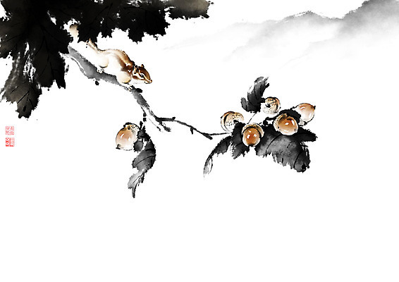 PSD 나무 식물 동물 줄기 잎 일러스트 캘리그라피 붓터치 나뭇잎 산 사람없음 안개 가을 나뭇가지 동양화 다람쥐 번짐 도토리 낙관 도토리나무 영모화 국내일러스트 계절 날씨 미술 견과류 설치류 그림 파일형식 효과