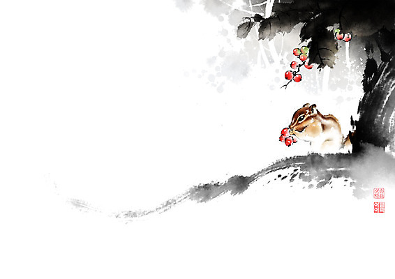 PSD 나무 식물 동물 열매 잎 일러스트 캘리그라피 붓터치 나뭇잎 사람없음 식사 가을 나뭇가지 숲 동양화 다람쥐 번짐 낙관 영모화 국내일러스트 계절 미술 설치류 그림 파일형식 효과