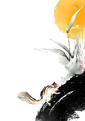 PSD 식물 동물 일러스트 캘리그라피 붓터치 갈대 사람없음 달 가을 돌_바위 기둥 동양화 언덕 다람쥐 번짐 낙관 영모화 국내일러스트 자연요소 계절 건축 미술 설치류 그림 파일형식 효과