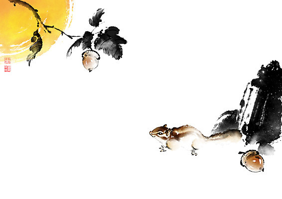 PSD 식물 동물 일러스트 캘리그라피 붓터치 나뭇잎 사람없음 달 가을 돌_바위 나뭇가지 동양화 다람쥐 번짐 도토리 낙관 영모화 국내일러스트 자연요소 나무 계절 잎 미술 견과류 설치류 그림 파일형식 효과