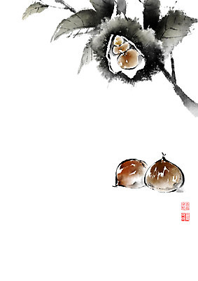 PSD 나무 식물 열매 잎 일러스트 캘리그라피 붓터치 사람없음 견과류 가을 나뭇가지 밤 밤송이 동양화 번짐 낙관 밤나무 국내일러스트 계절 미술 밤_견과류 파일형식 효과