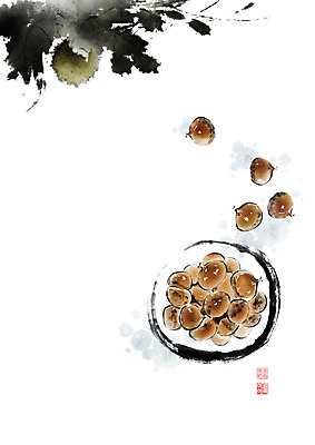 PSD 나무 식물 그릇 접시 열매 잎 일러스트 캘리그라피 붓터치 사람없음 바구니 견과류 가을 나뭇가지 밤 밤송이 동양화 번짐 낙관 밤나무 국내일러스트 식기 계절 미술 밤_견과류 파일형식 효과