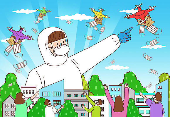 PSD 나무 구름 여자 남자 일러스트 마스크 사람 여러명 상반신 건물 상자 만세 뿌리기 사회이슈 영웅 드론 방역 방역복 방역사 국내일러스트 자연요소 식물 직업 건축물 옷 다수 컨셉 모션 파일형식