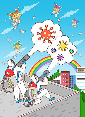 전신 PSD 구름 여자 남자 무지개 일러스트 마스크 성인 두명 건물 바이러스 옥상 뿌리기 사회이슈 영웅 드론 방역 성인만 방역복 방역사 방역기 국내일러스트 자연요소 직업 건축물 옷 컨셉 모션 사람 파일형식