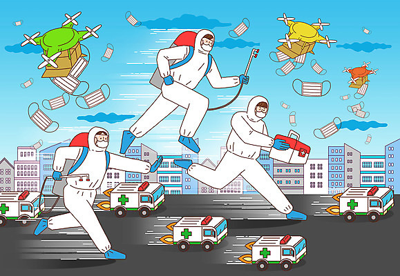 전신 PSD 구름 여자 남자 도로 일러스트 마스크 성인 건물 세명 달리기 구급상자 구급차 뿌리기 사회이슈 영웅 드론 방역 성인만 방역복 방역사 방역기 국내일러스트 자연요소 직업 건축물 옷 길 컨셉 교통시설 모션 자동차 사람 의료용품 파일형식