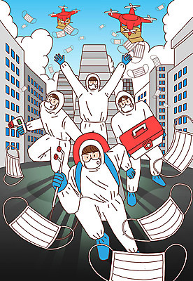 전신 PSD 구름 여자 남자 일러스트 마스크 여러명 성인 건물 달리기 점프 만세 구급상자 온도계 체온계 뿌리기 사회이슈 영웅 드론 방역 성인만 방역복 방역사 국내일러스트 자연요소 직업 건축물 옷 다수 컨셉 모션 사람 의료용품 파일형식