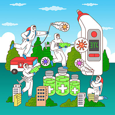 전신 PSD 나무 구름 여자 남자 일러스트 주사기 여러명 성인 건물 바이러스 구급상자 약병 온도계 체온계 사회이슈 영웅 방역 백신 성인만 방역복 방역사 방역기 국내일러스트 자연요소 식물 직업 건축물 옷 다수 컨셉 의학 의료기기 사람 약 의료용품 병_담는 파일형식