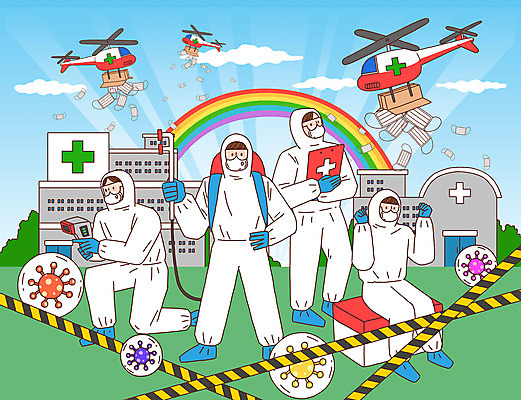 전신 PSD 여자 남자 무지개 일러스트 하늘 병원 여러명 성인 파이팅 바이러스 헬리콥터 온도계 체온계 뿌리기 사회이슈 영웅 구조헬기 방역 성인만 방역복 방역사 방역기 국내일러스트 자연요소 직업 옷 다수 컨셉 의학 모션 비행기 사람 파일형식