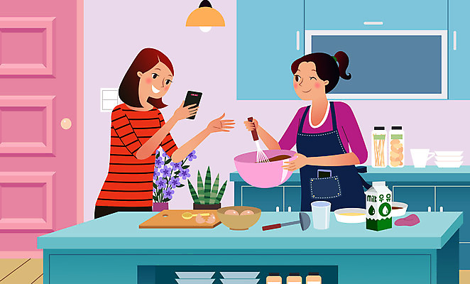 그릇 여자 꽃 화분 일러스트 가족 탁자 전등 도마 요리 상반신 성인 두명 컵 주방 계란 사진촬영 병 여자만 사회적거리두기 집콕 레이어드홈 국내일러스트 우유갑 AI파일 식물 식기 캠페인 가구 관계 주방용품 조명 사람 알 촬영 우유 신조어 파일형식 벡터 앳홈라이프