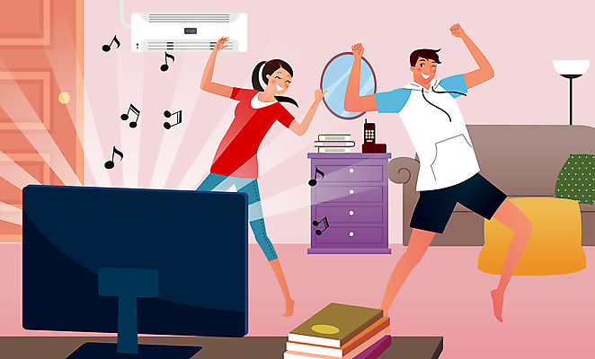 전신 여자 남자 가구 쿠션 음표 일러스트 가족 성인 두명 책 소파 문 텔레비전 거울 스탠드 춤 에어컨 전화기 즐거움 성인만 사회적거리두기 집콕 레이어드홈 국내일러스트 AI파일 기호 감정 음악 캠페인 생활용품 의자 관계 문화예술 조명 사람 전자제품 가전제품 신조어 파일형식 벡터 앳홈라이프