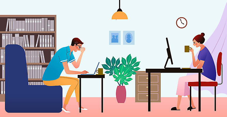 전신 여자 남자 시계 가구 액자 의자 일러스트 가족 탁자 조명 책장 성인 두명 노트북 소파 비즈니스맨 비즈니스우먼 재택근무 성인만 사회적거리두기 집콕 레이어드홈 국내일러스트 AI파일 캠페인 생활용품 비즈니스 관계 사람 전자제품 직장인 신조어 파일형식 벡터 앳홈라이프