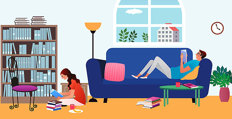 전신 구름 여자 남자 화분 가구 쿠션 의자 일러스트 가족 탁자 휴식 나뭇잎 조명 책장 주택 성인 두명 건물 책 컵 소파 독서 성인만 사회적거리두기 집콕 국내일러스트 AI파일 자연요소 식기 건축물 캠페인 생활용품 컨셉 잎 관계 사람 신조어 파일형식 벡터 앳홈라이프