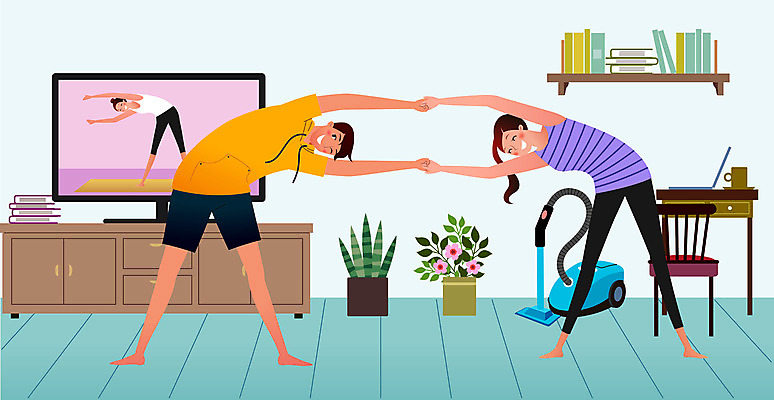 전신 여자 남자 화분 가구 의자 일러스트 가족 탁자 모바일 선반 성인 두명 책 컵 운동 텔레비전 스트레칭 청소기 성인만 홈트레이닝 사회적거리두기 집콕 온택트 오하운 레이어드홈 거실장 국내일러스트 AI파일 식기 캠페인 생활용품 관계 건강 사람 전자제품 청소도구 신조어 파일형식 벡터 앳홈라이프