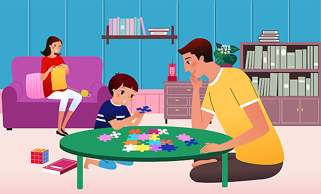 전신 여자 남자 어린이 가구 쿠션 일러스트 가족 탁자 책장 성인 책 세명 소파 퍼즐 뜨개질 전화기 큐빅 사회적거리두기 집콕 레이어드홈 국내일러스트 AI파일 캠페인 생활용품 의자 관계 사람 취미 광석 신조어 파일형식 벡터 앳홈라이프