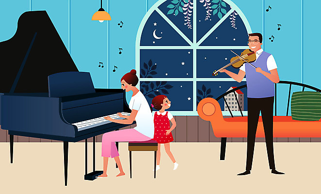 전신 여자 남자 별 어린이 악기 음악 연주 음표 일러스트 가족 엄마 나뭇잎 조명 주택 성인 건물 세명 소파 달 피아노 아빠 바이올린 성인만 사회적거리두기 집콕 레이어드홈 국내일러스트 AI파일 자연요소 건축물 기호 캠페인 잎 의자 관계 현악기 문화예술 사람 건반악기 신조어 파일형식 벡터 앳홈라이프