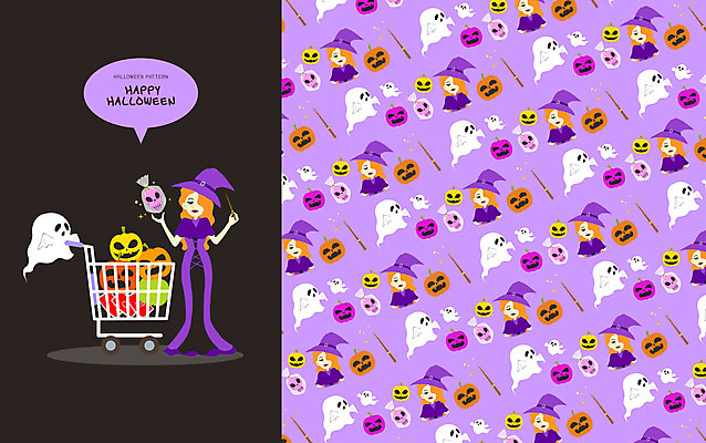 PSD 패턴 일러스트 지팡이 호박 해골 사람없음 보라색 검은색 카트 쇼핑카 할로윈 패턴백그라운드 유령 마녀 마법 국내일러스트 컬러 백그라운드 무늬 채소 뼈 쇼핑 파일형식