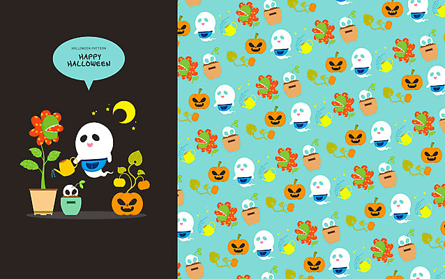 PSD 화분 패턴 일러스트 호박 사람없음 파란색 검은색 할로윈 물뿌리개 패턴백그라운드 달 유령 원예 국내일러스트 자연요소 컬러 백그라운드 무늬 채소 취미 파일형식