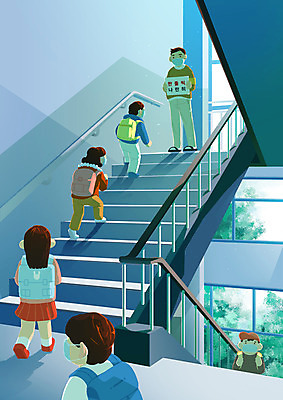 전신 PSD 여자 교육 남자 어린이 일러스트 학교 마스크 여러명 상반신 성인 파란색 걷기 계단 교사 사회이슈 오르기 등교 방역 에듀 에듀케이션 스쿨팩 코로나바이러스 사회적거리두기 포스트코로나 델타변이바이러스 위드코로나 대면 국내일러스트 직업 캠페인 컬러 다수 컨셉 모션 사람 바이러스 등하교 파일형식